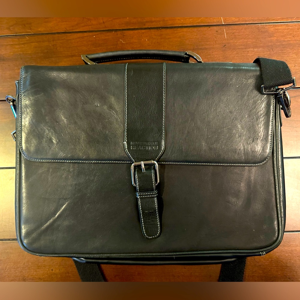 Kenneth Cole Reaction black leather laptop bag.